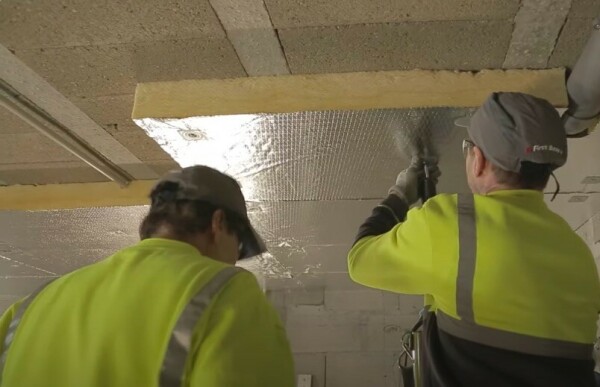 L'isolation du plafond d'un sous-sol en panneaux semi-rigides en laine de verre avec pare-vapeur intégré est très efficace - doc. Isover